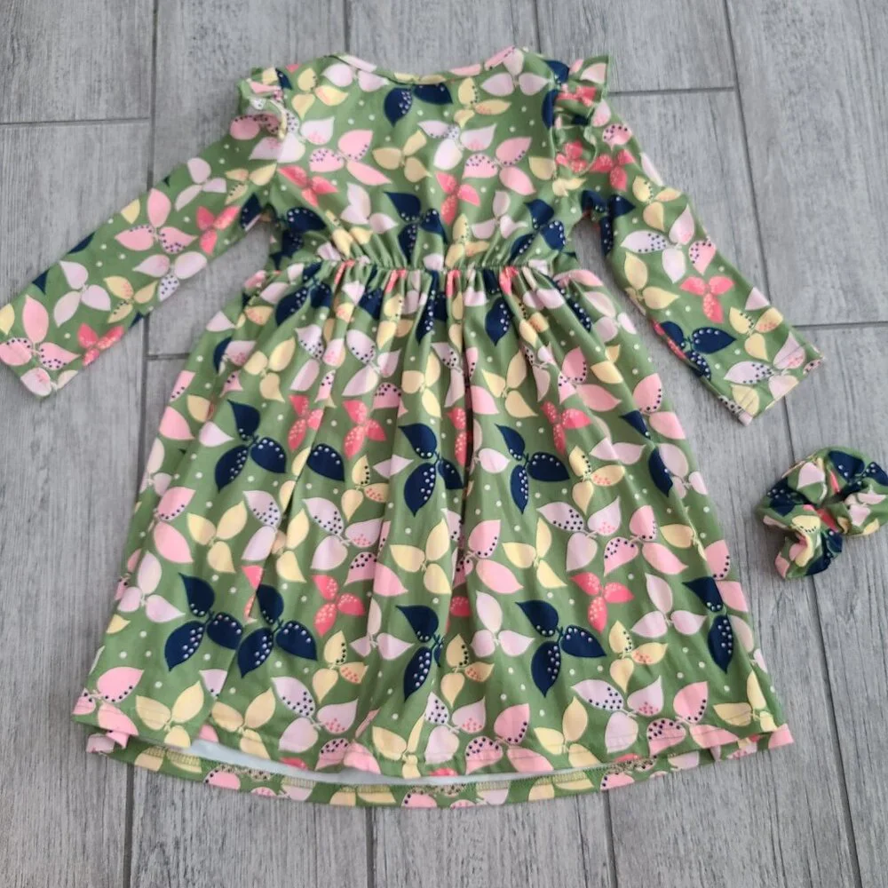 Blueberi Boulevard Green Leaf Print Long Sleeve Dress with Scrunchie Size 4T